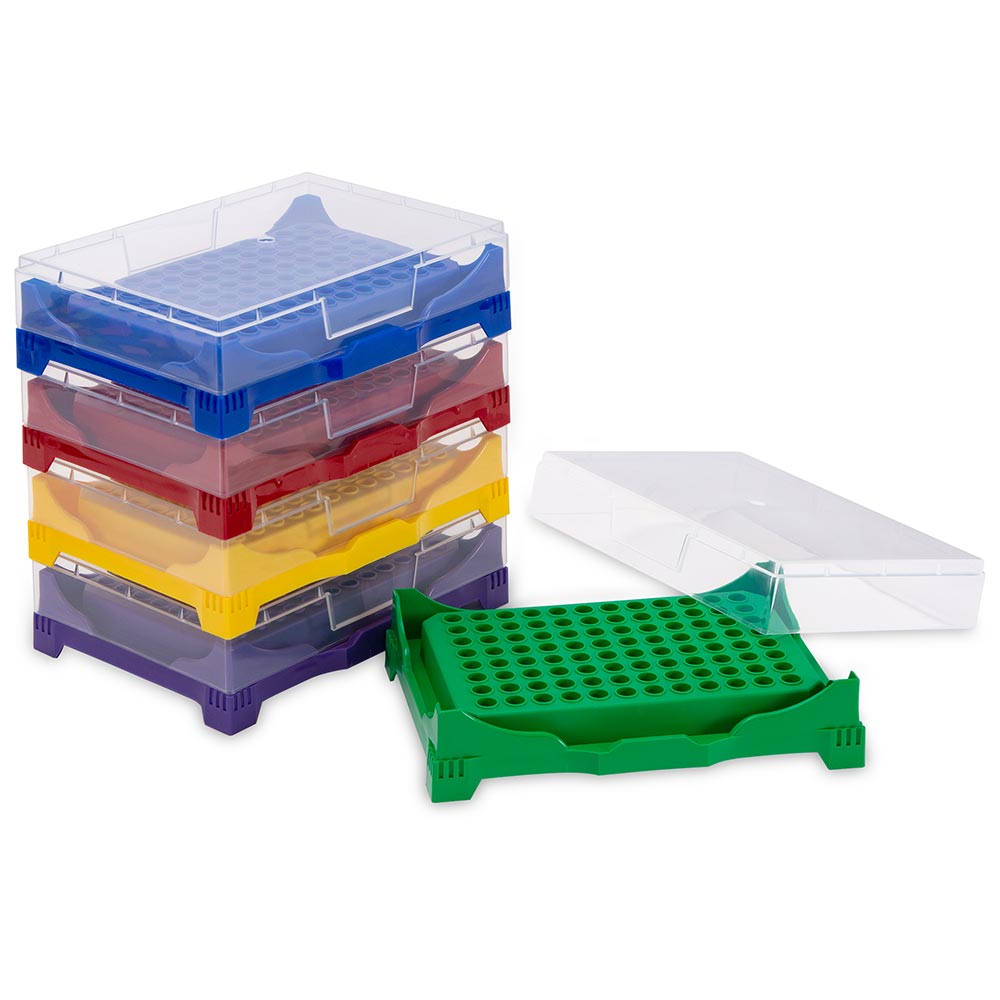 Globe Scientific Stackable PCR Work Racks, 96 well for PCR Plates and Strips, Five Fluorescent Colors (Green, Yellow, Violet, Red, Blue) Image
